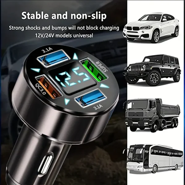 4aca90d52b043fa2d6a1e4b5c7a1358a Caricabatteria Rapido Da Auto Multifunzione A 4 Porte: Porte USB, Illuminato blu con voltimetro e tecnologia Quick Charge 3.0