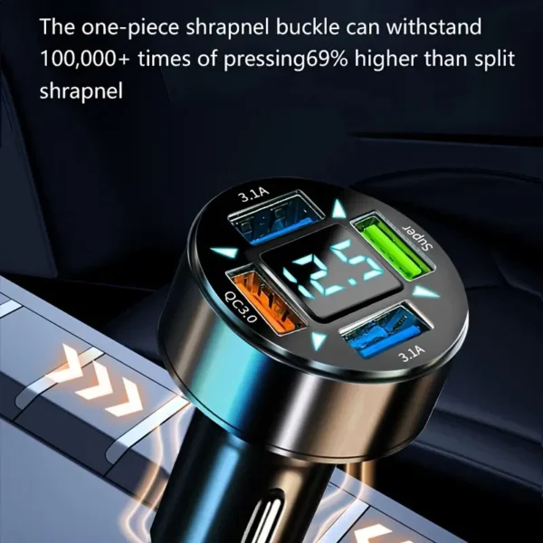 80e303612e386d4c2dcbd4ebe813efe0 Caricabatteria Rapido Da Auto Multifunzione A 4 Porte: Porte USB, Illuminato blu con voltimetro e tecnologia Quick Charge 3.0
