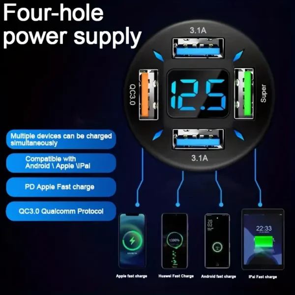 8a7dc827cc1e93003e1ad34b9f6a8093 Caricabatteria Rapido Da Auto Multifunzione A 4 Porte: Porte USB, Illuminato blu con voltimetro e tecnologia Quick Charge 3.0