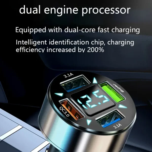 aca014485f6c8bd608734127891e7d6f Caricabatteria Rapido Da Auto Multifunzione A 4 Porte: Porte USB, Illuminato blu con voltimetro e tecnologia Quick Charge 3.0