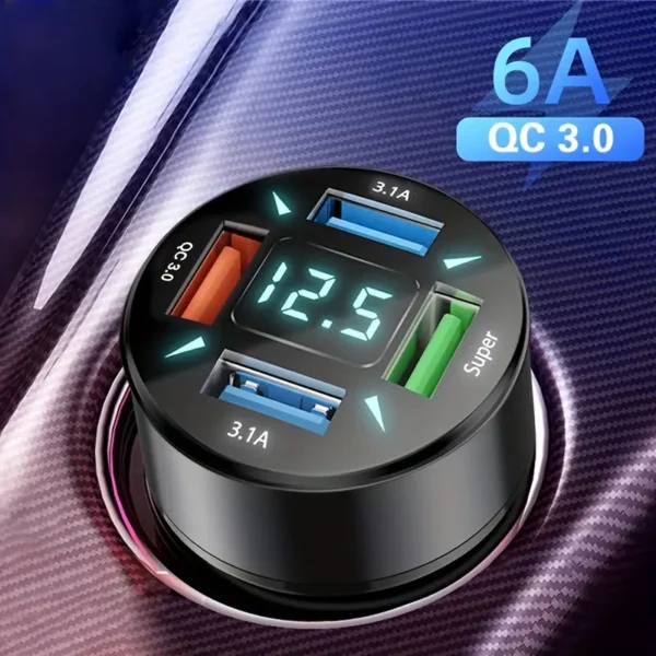 e3057ea3c2f88af41feb38c1338948cc Caricabatteria Rapido Da Auto Multifunzione A 4 Porte: Porte USB, Illuminato blu con voltimetro e tecnologia Quick Charge 3.0