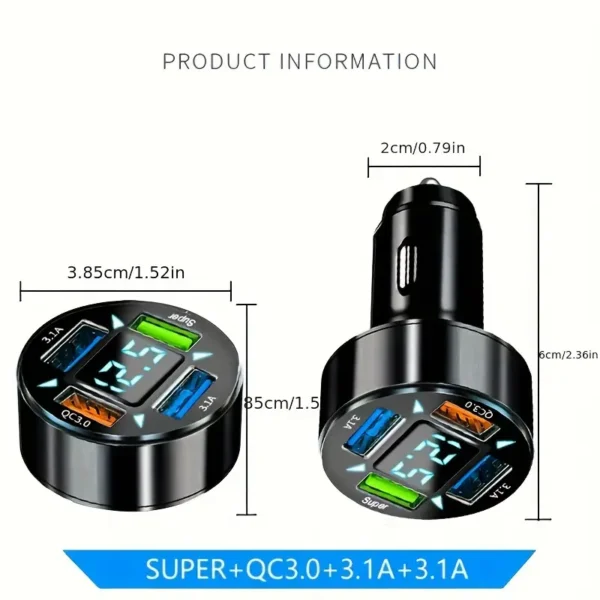 ea93be0a4bc33653b0cfe1708994f188 Caricabatteria Rapido Da Auto Multifunzione A 4 Porte: Porte USB, Illuminato blu con voltimetro e tecnologia Quick Charge 3.0
