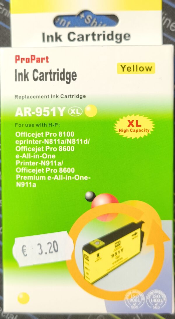 CARTUCCIA 951XL GIALLA COMPATIBILE PER HP PRO8100 PRO8600E PRO8600PLUS CN048AE 950Y CAPACITA 28ML CARTUCCIA 951XL GIALLA COMPATIBILE PER HP PRO8100 PRO8600E PRO8600PLUS CN048AE 950Y CAPACITA 28ML