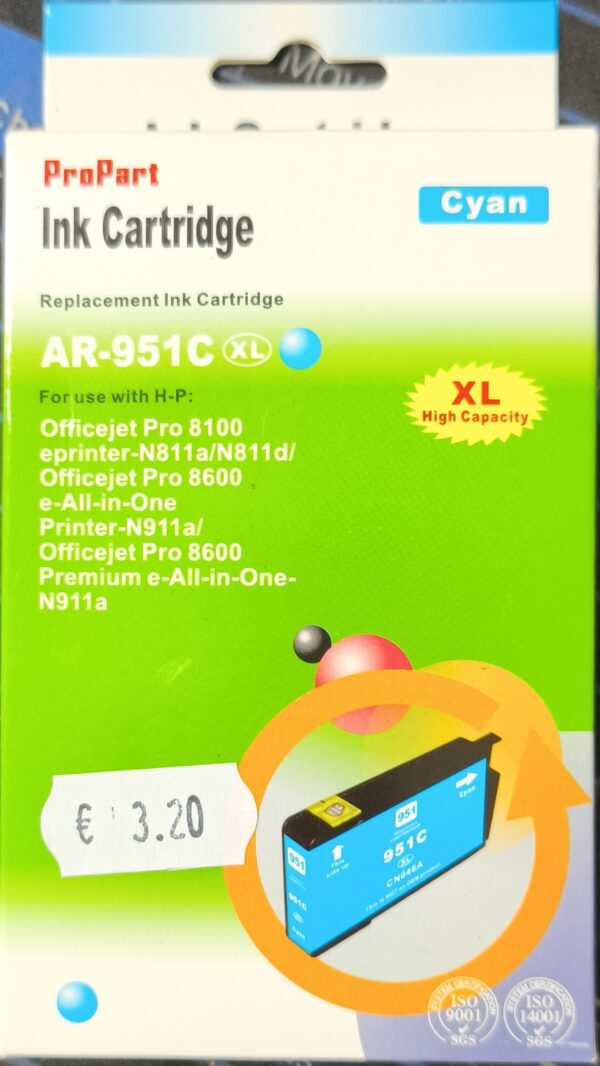 CARTUCCIA 951XL CIANO COMPATIBILE PER HP PRO8100 PRO8600E PRO8600PLUS CN046AE 950C CAPACITA 28ML