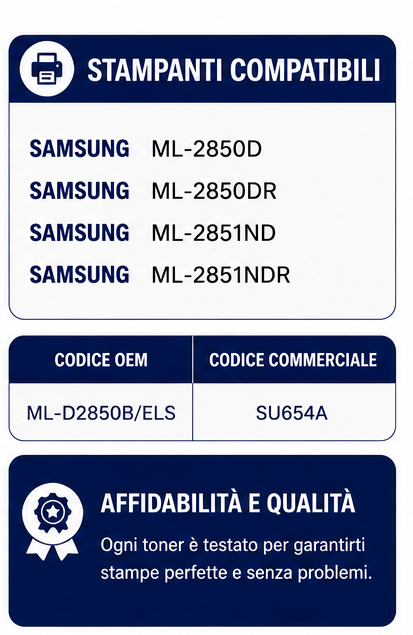 COMPATIBILITA' TONER D2850 Toner compatibile Samsung ML-D2850B/ELS – SU654A – Nero – 5.000 pagine