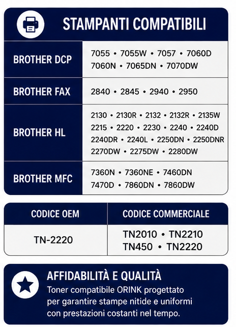 Toner compatibile Brother TN-2220 – Nero – 2.600 pagine