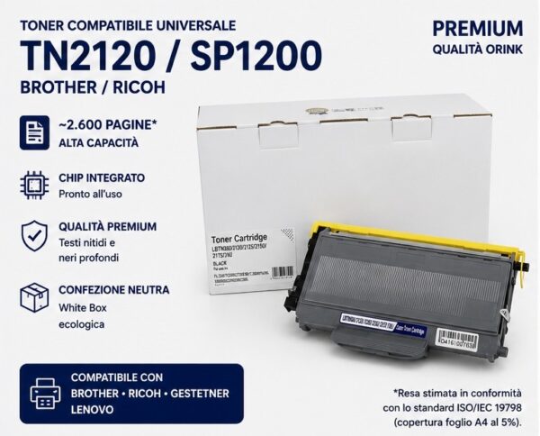 Toner Compatibile Universale Brother TN2120 / Ricoh SP1200 Premium (Qualità Orink) – 2.600 Pagine 🖨️⚡ Toner Compatibile Universale Brother TN2120 / Ricoh SP1200 Premium (Qualità Orink) – 2.600 Pagine 🖨️⚡