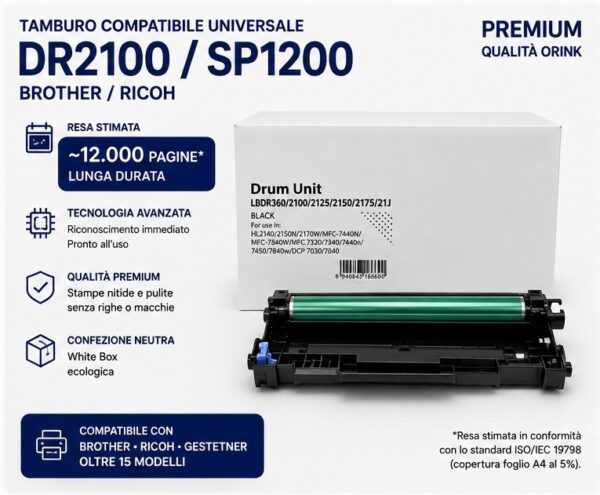 amburo Compatibile Universale Brother DR2100 / Ricoh SP1200 Tamburo Compatibile Universale Brother DR2100 / Ricoh SP1200 Premium (Qualità Orink) – 12.000 Pagine 🖨️🔄