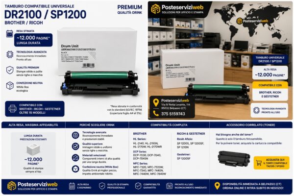 amburo Compatibile Universale Brother DR2100 / Ricoh SP1200 Tamburo Compatibile Universale Brother DR2100 / Ricoh SP1200 Premium (Qualità Orink) – 12.000 Pagine 🖨️🔄