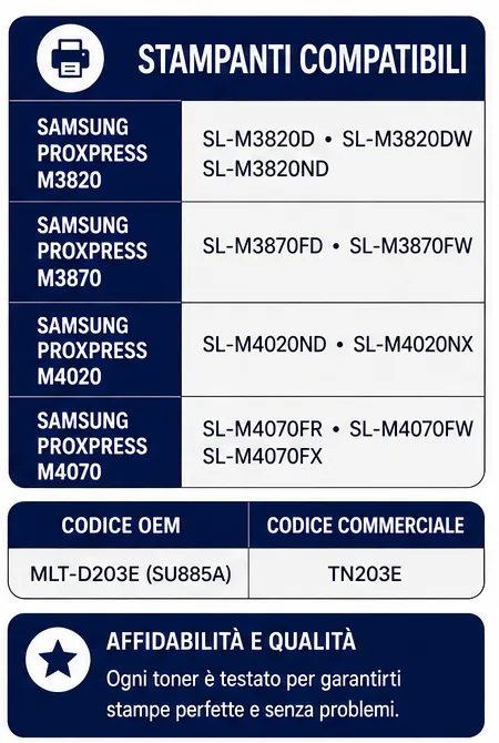 D203E Toner Compatibile Samsung MLT-D203E SU885A Nero 10.000 Pagine per ProXpress M3820 M3870 M4020 M4070