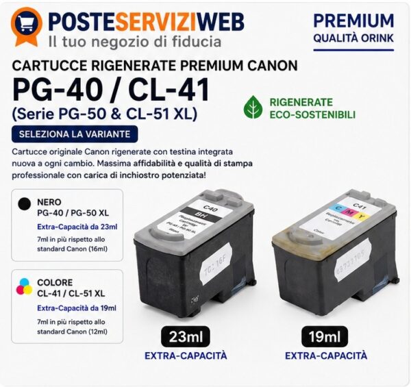 Cartucce Rigenerate Premium Canon PG-40 / CL-41 (Serie PG-50 & CL-51 XL) Cartucce Rigenerate Premium Canon PG-40 / CL-41 (Serie PG-50 & CL-51 XL)