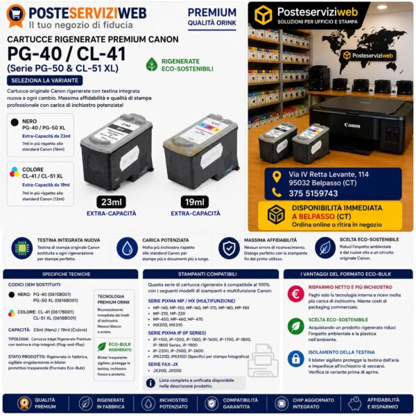 Cartucce Rigenerate Premium Canon PG-40 / CL-41 (Serie PG-50 & CL-51 XL) Cartucce Rigenerate Premium Canon PG-40 / CL-41 (Serie PG-50 & CL-51 XL)