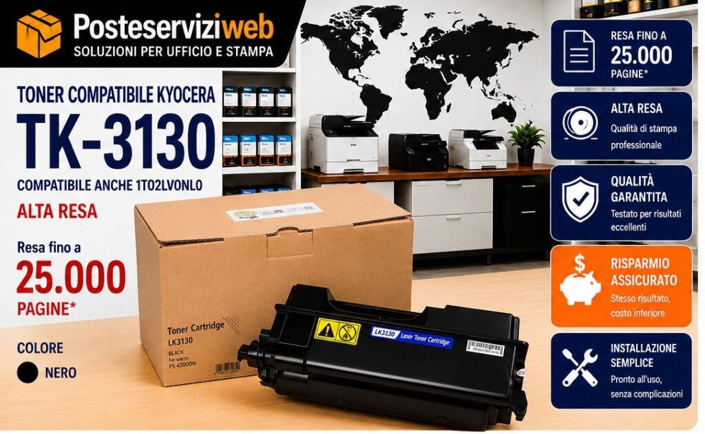 Toner Compatibile Kyocera TK-3130 Nero | 25.000 pagine | Per FS-4200DN, FS-4300DN, ECOSYS M3550idn e M3560idn