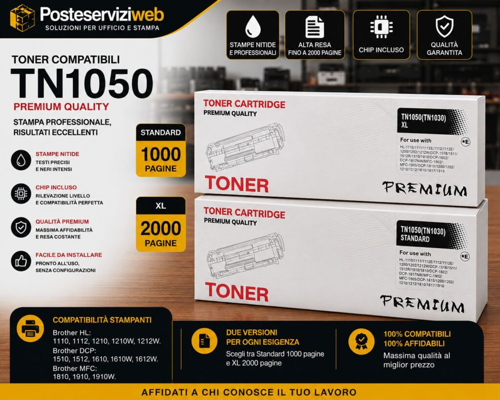 Toner Compatibile Brother TN-1050 Nero – Disponibile in versione Standard e Alta Capacità XL