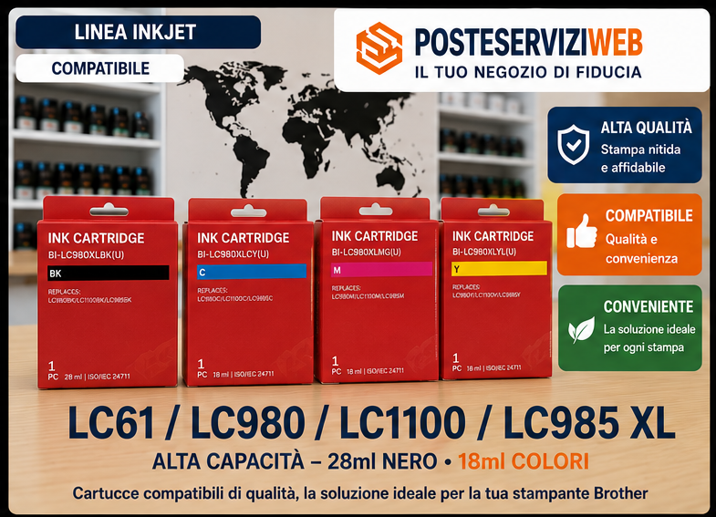 NEGOZIO 5 Cartucce Brother LC980XL, LC1100XL, LC985XL– Compatibili Alta Capacità