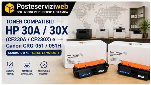 Toner Compatibile HP 30A / 30X (CF230A / CF230X) e Canon CRG-051 / 051H Toner Compatibile HP 30A / 30X (CF230A / CF230X) e Canon CRG-051 / 051H