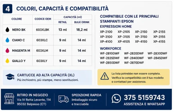 Cartucce Compatibili Epson 603XL XL Nero, Ciano, Magenta e Giallo