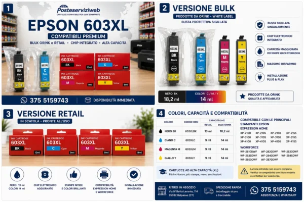 Cartucce Compatibili Epson 603XL XL Nero, Ciano, Magenta e Giallo