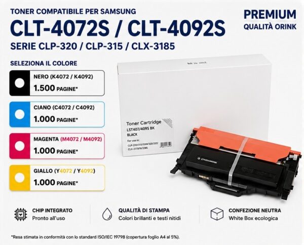 Toner Compatibile per Samsung CLP-320 / CLP-315 / CLX-3185 (Serie CLT-4072S & CLT-4092S) Toner Compatibile per Samsung CLP-320 / CLP-315 / CLX-3185 (Serie CLT-4072S & CLT-4092S) – Seleziona Colore 🖨️✨