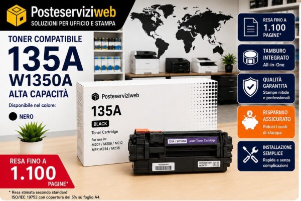 Toner Compatibile HP 135A W1350A Nero con Chip – 1.100 Pagine per HP LaserJet M207, M209, M212, MFP M234, M236 Toner Compatibile HP 135A W1350A Nero con Chip – 1.100 Pagine per HP LaserJet M207, M209, M212, MFP M234, M236