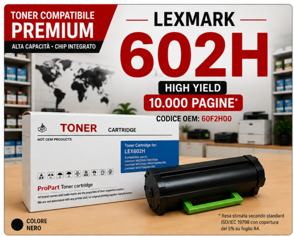 1 Toner compatibile Lexmark 602H 60F2H00 nero alta capacità 10.000 pagine