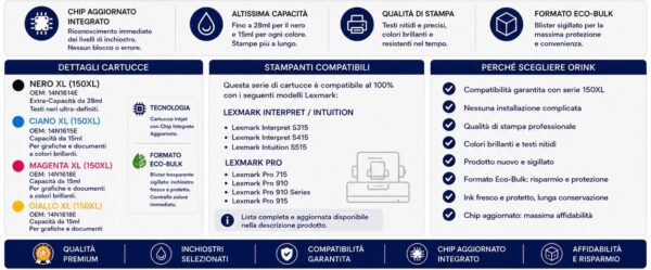 Cartucce Compatibili Lexmark 150XL Premium (Qualità Orink)