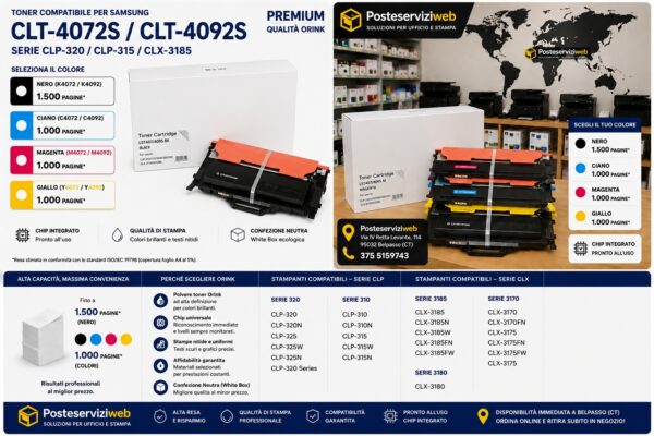 Toner Compatibile per Samsung CLP-320 / CLP-315 / CLX-3185 (Serie CLT-4072S & CLT-4092S) Toner Compatibile per Samsung CLP-320 / CLP-315 / CLX-3185 (Serie CLT-4072S & CLT-4092S) – Seleziona Colore 🖨️✨