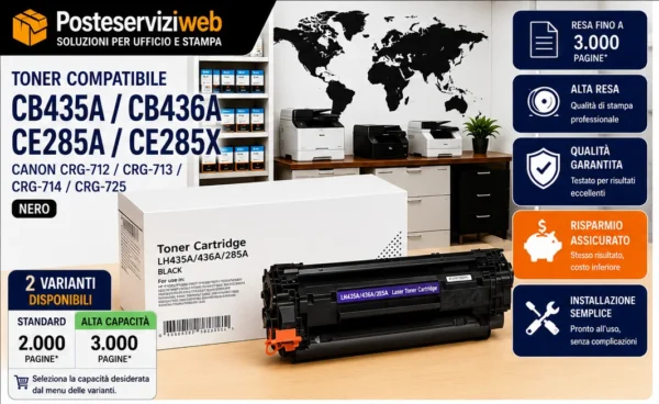 Toner Compatibile HP CB435A - CB436A - CE285A / CE285X | Canon CRG-712 - CRG-713 - CRG-714 - CRG-725 Toner Compatibile HP CB435A - CB436A - CE285A / CE285X | Canon CRG-712 - CRG-713 - CRG-714 - CRG-725
