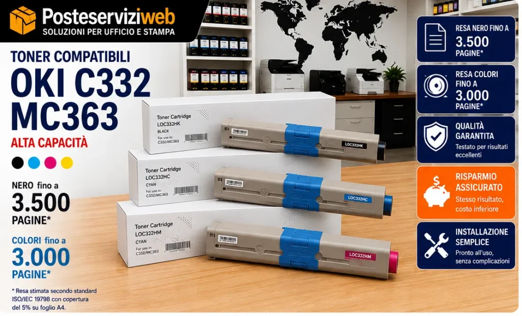 Toner Compatibili OKI C332 MC363 Nero Ciano Magenta Giallo Alta Capacità